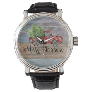 God jul Rustic Wood och Cute Red Lastbil Armbandsur