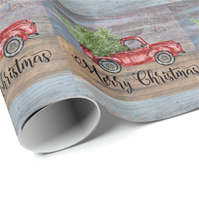 God jul Rustic Wood och Cute Red Lastbil Presentpapper (Rullad Hörn)