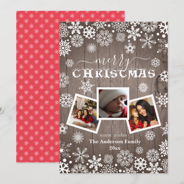 God jul Rustic Wood Snowflake 3 Photo Julkort (Fram/baksida)
