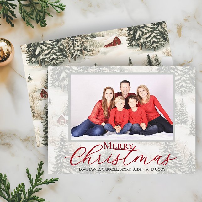 God Jul Rustik Skogs Familjefoto Julkort (Rustic Winter Woodland Family Photo Christmas Card. Personalize with your Picture and Names)