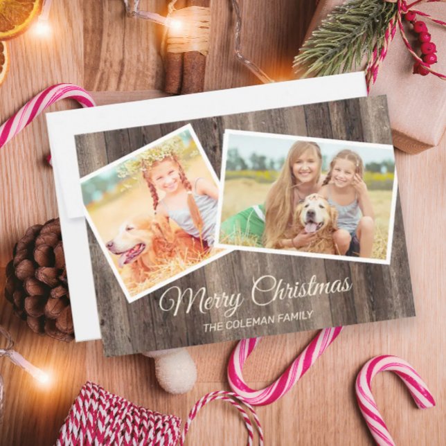 God Jul Rustik Trä 2 Foto Kort (Skapare uppladdad)