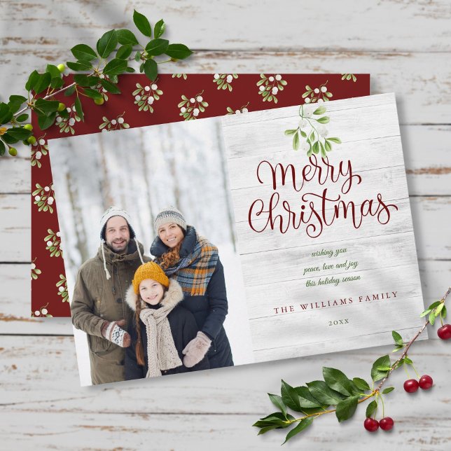 God Jul Rustik Trä Mistel Fotografi Julkort (Merry Christmas Rustic Wood Mistletoe Photo Holiday Card)