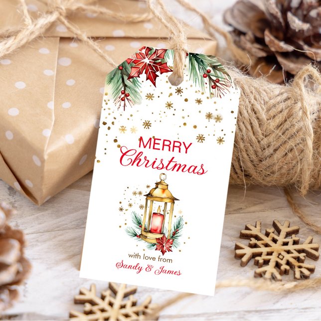 God jul rustik vattenfärg guld lantern presentetikett (Merry Christmas rustic watercolor lantern gold snowflakes gift tags)