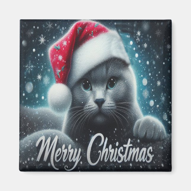 God jul ryska blå katt, Julafton Santa Cat Magnet (Framsidan)