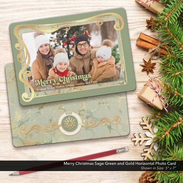 God jul Sage Grönt & Guld Photo Card Julkort (Merry Christmas Photo Card with a Touch of Vintage Whimsy and Peaceful Sage Green & Gold Colors.)