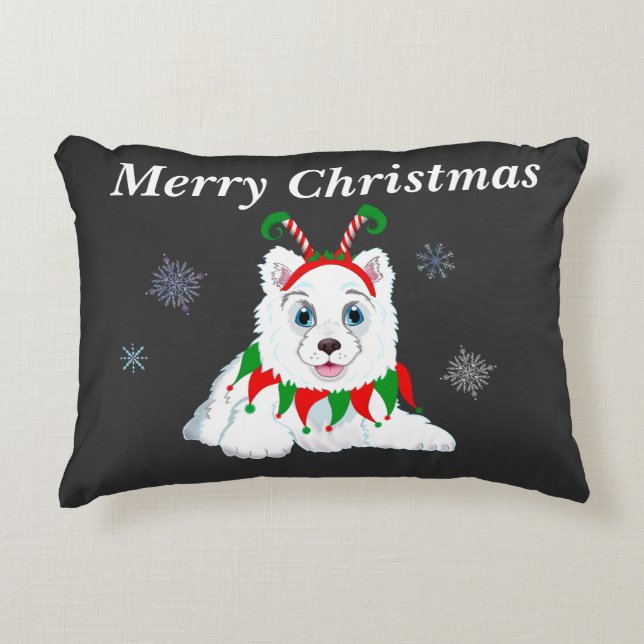 God Jul Samoyed Med Alvhuvudbonad  Prydnadskudde (Framsidan)