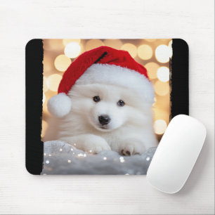 God jul Samoyed Puppy Hund med Santa Hat Musmatta