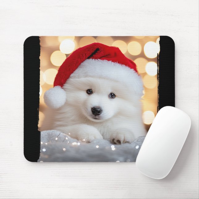 God jul Samoyed Puppy Hund med Santa Hat Musmatta (Med mus)