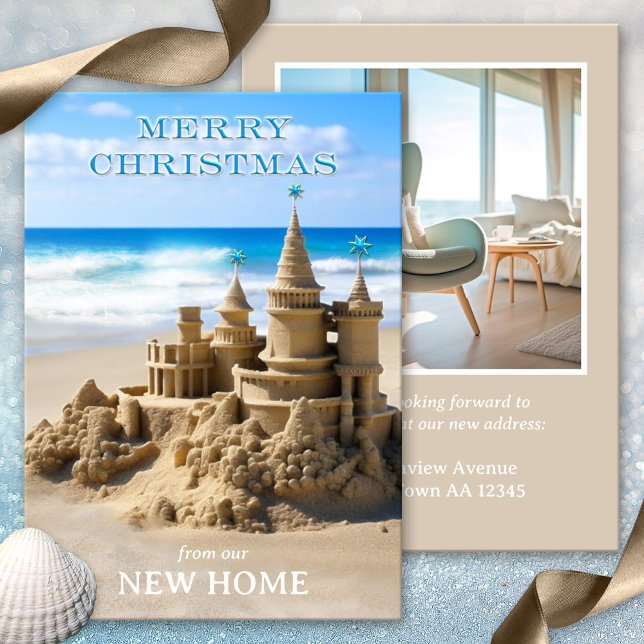 God jul Sandcastle Beach New Home Photo Julkort (Merry Christmas sandcastle new home beach holidays photo card)