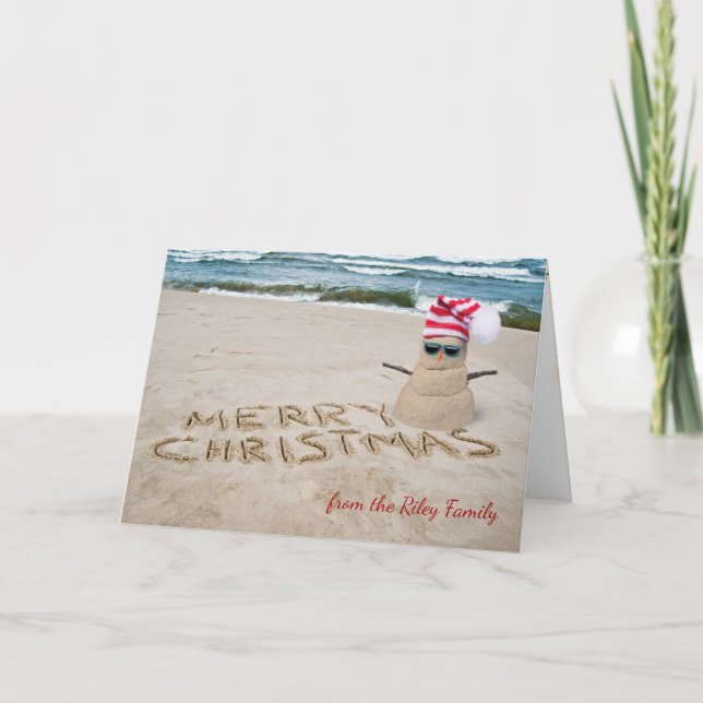 God jul sandy snögubbe på stranden helgkort (Framsida)