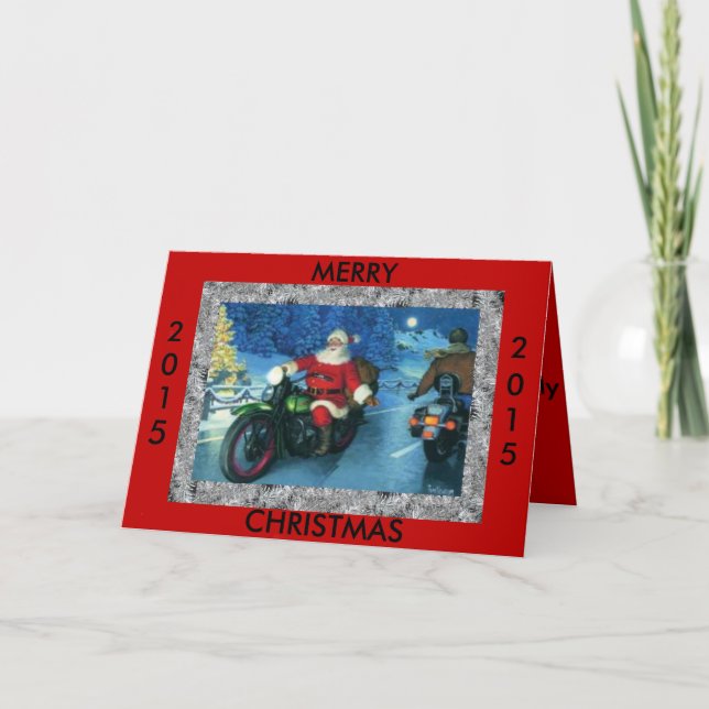 God jul Santa 2015 på en motorcykel Helgkort (Framsida)