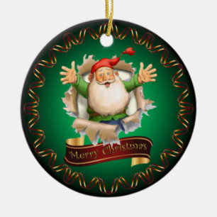 God jul ~ Santa Breaking through ~ Ceramic Julgransprydnad Keramik