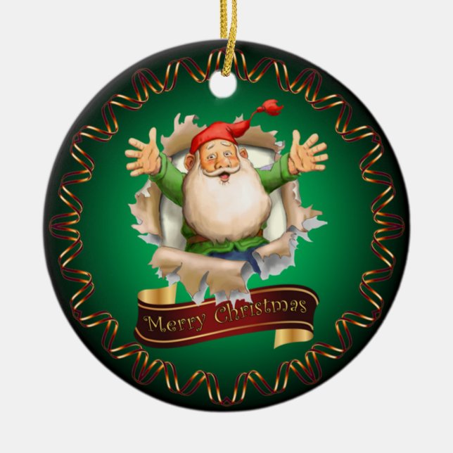 God jul ~ Santa Breaking through ~ Ceramic Julgransprydnad Keramik (Framsidan)