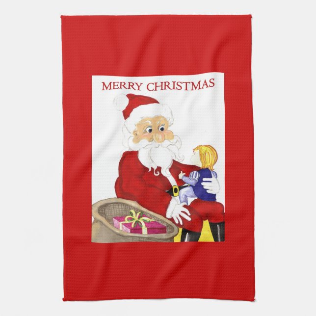 God jul Santa & Child kökshandduk (Vertikal)