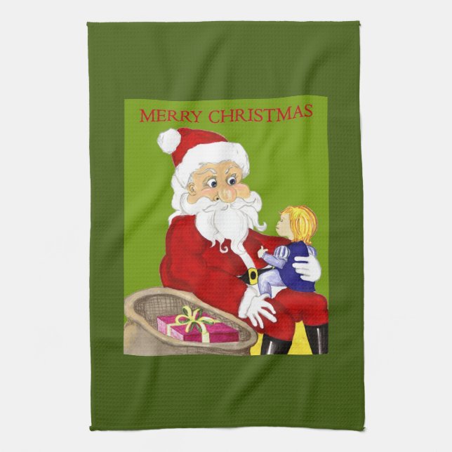 God jul Santa & Child kökshandduk (Vertikal)