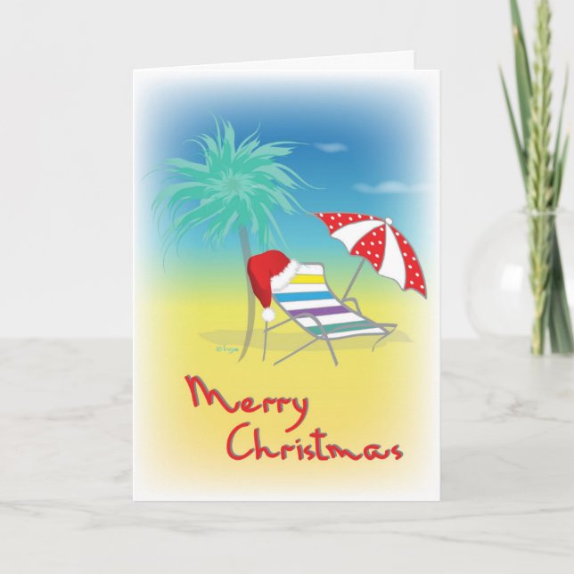 God jul, Santa Hat, Handflatan Träd Beach Helgkort (Framsida)