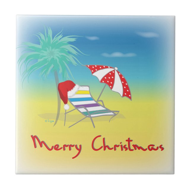 God jul, Santa Hat, Handflatan Träd, Beach Kakelplatta (Framsidan)