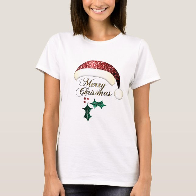 God jul Santa hat Red Guld Grönt Sparkles T-shirt (Framsida)