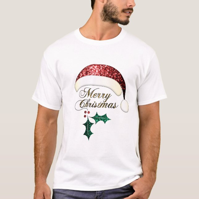 God jul Santa hat Red Guld Grönt Sparkles Tee (Framsida)