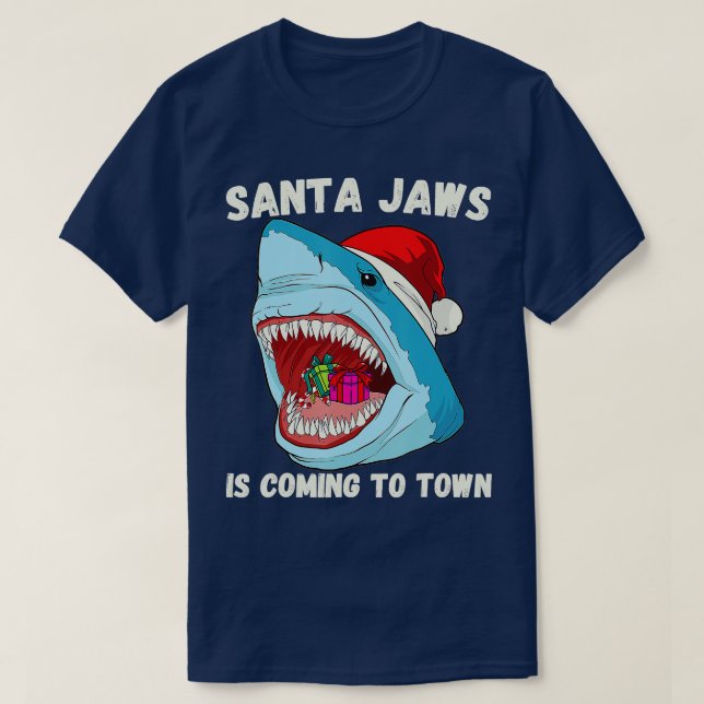 God jul Santa Jaws kommer till Town Funny T Shirt (Design framsida)