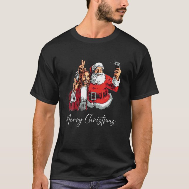 god jul Santa Jesus Selfie Funny Julafton Paja T Shirt (Framsida)