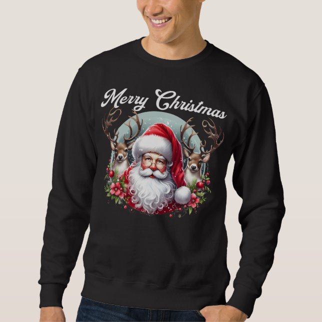 God jul Santa med Reindeer Lång Ärmad Tröja (Framsida)