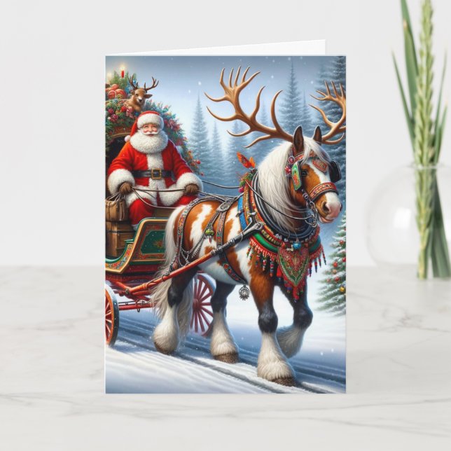 God jul Santa och hans häst med Antlers Helgkort (Framsida)