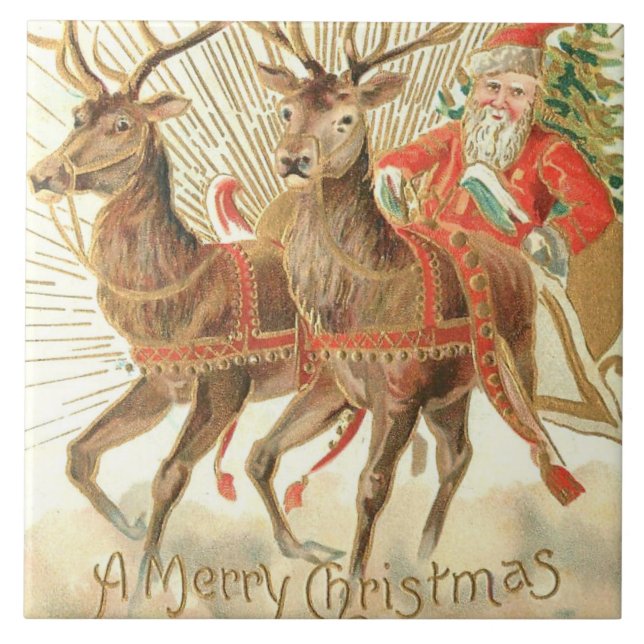 God jul (Santa och hans renar) Kakelplatta (Framsidan)