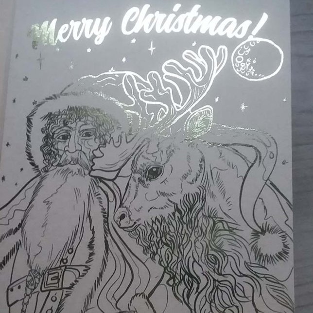 God jul Santa och Reindeer Folierat Kort (Beautiful Santa and Deer on Gold Foil Christmas Card)