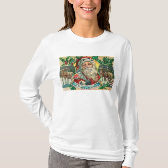 God jul Santa och renplats T-shirt (Framsida)