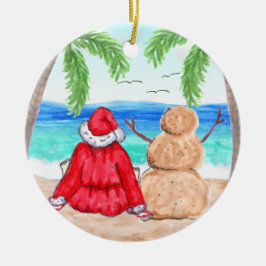 God jul Santa och Snögubbe vid Beach Julgransprydnad Keramik