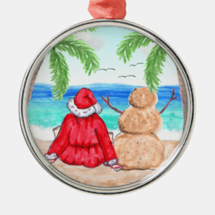 God jul Santa och Snögubbe vid Beach Julgransprydnad Metall