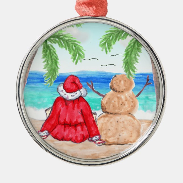 God jul Santa och Snögubbe vid Beach Julgransprydnad Metall (Framsidan)