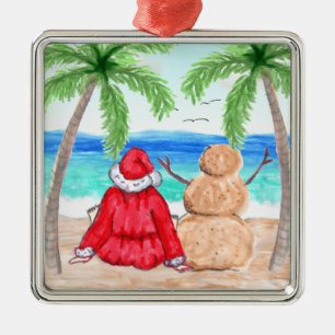 God jul Santa och Snögubbe vid Beach Julgransprydnad Metall