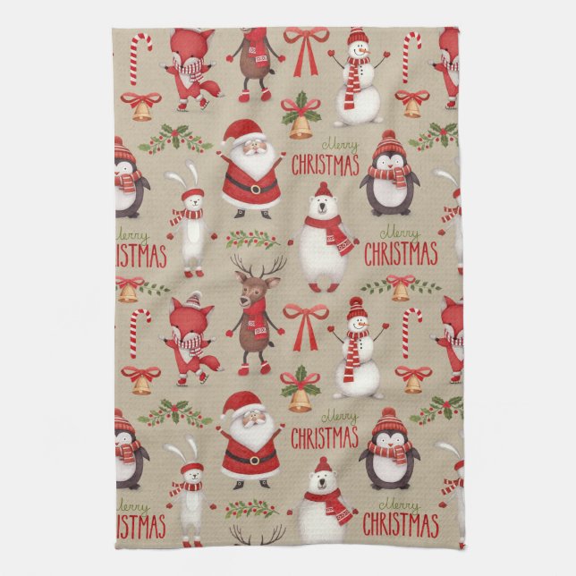 God jul Santa och vänner Kökshandduk (Vertikal)