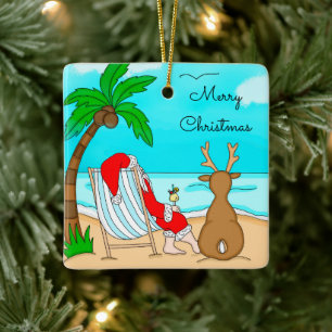 God jul Santa on Beach med Reindeer Julgransprydnad Keramik