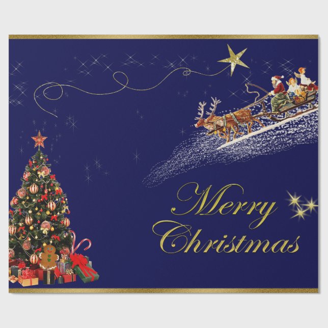 God jul Santa Riding Sleigh Julgran Presentpapper (Platt)