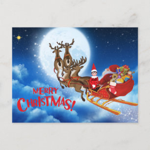 God jul Santa Sleigh med Elf och Gifts Helg Vykort