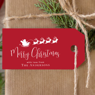 God jul Santa Sleigh Reindeer Red Presentetikett
