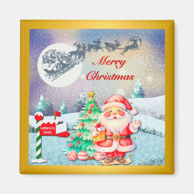 God jul Santa, Sleigh, Reindeer, Snowflake Magnet (Framsidan)