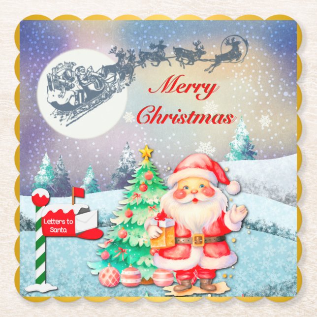 God jul Santa, Sleigh, Reindeer, Snowflake Underlägg Papper (Framsida)