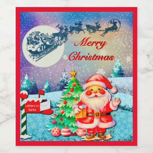 God jul Santa, Sleigh, Reindeer, Snowflake Vinflaska Etikett (Singel etikett)