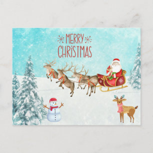 God jul Santa, Snögubbe, renar, skogen Vykort