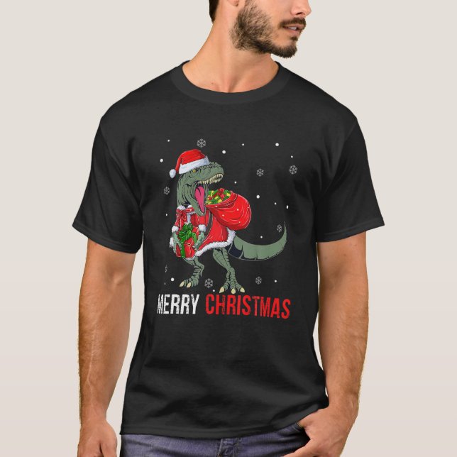 god jul Santa T Rex Dinosaur Funny Boys Ki T Shirt (Framsida)