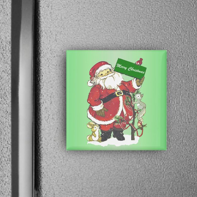 God jul Santa Träd Little Animals Snö Magnet (Cute Santa Claus with little forest animals decorated tree on green merry Christmas square magnet.)