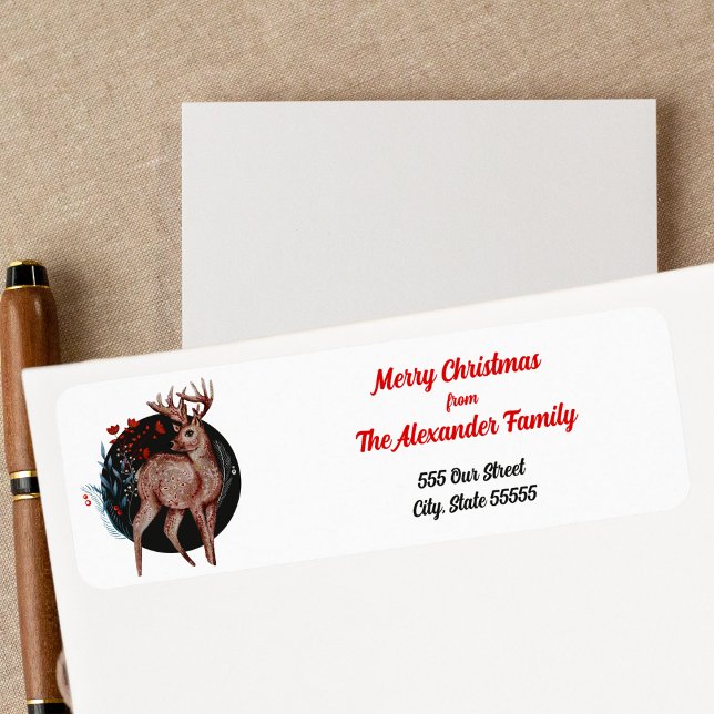 God jul Scandinavian FolArt Nordic Hjort Returadress Etikett (Skapare uppladdad)