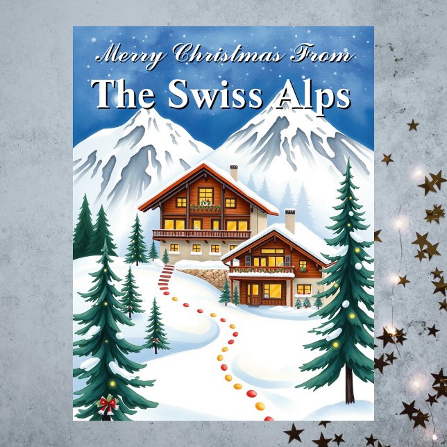God Jul Schweiziska Alperna Vinterstuga Semester Vykort (Merry Christmas Swiss Alps Winter Chalet Holiday Postcard
)