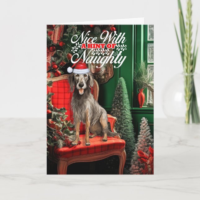 God Jul: Scottish Deerhound Hund Naughty eller Nic Helgkort (Framsida)