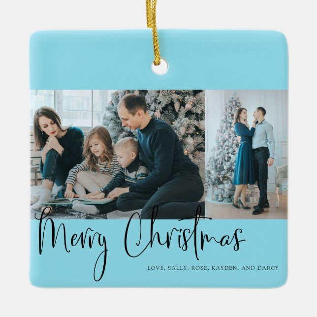 God jul Script 2 Photo Collage Blue Julgransprydnad Keramik (Framsida)