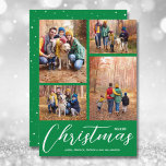 God jul Script 4 Collage Multi-Photo Grönt Julkort<br><div class="desc">Ladda upp fyra favoritfoton till det här julfotokortet som innehåller God jul och namn i chic,  vit text på gröntens bakgrund. Välj Projektionsyta för tyngsta pappra och HD-kvalitet för bästa fotokvalitet. MERA FÄRG gjorde för dig i vår affär.</div>